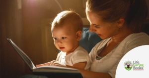 Mother reading book to her child